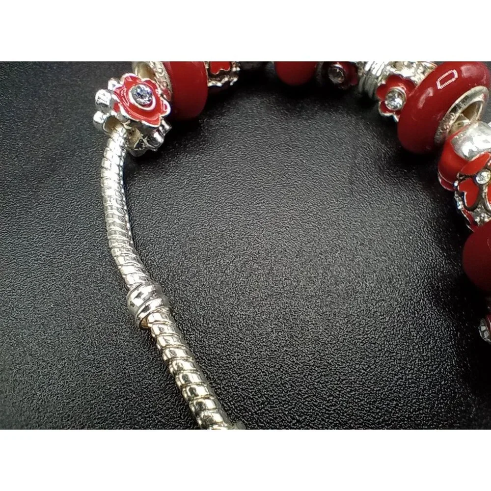 Charm Bracelet Beads Rhinestone Silver Tone Snake Chain Red Statement Jewelry - Picture 13 of 13
